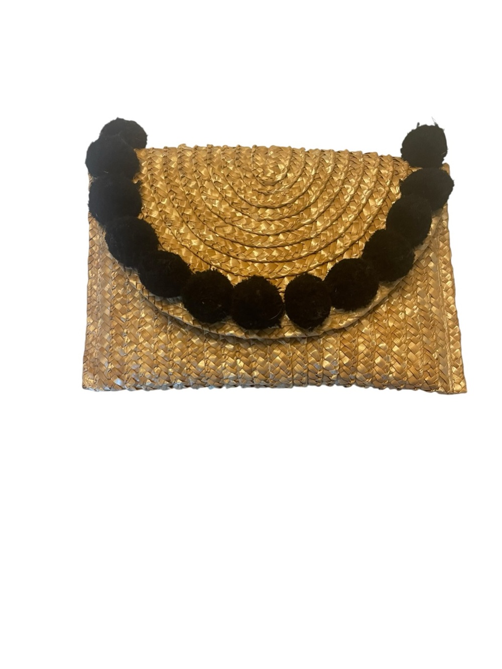 Shiraleah Chicago Natural Tan Woven Clutch with Black Pom-Pom Trim